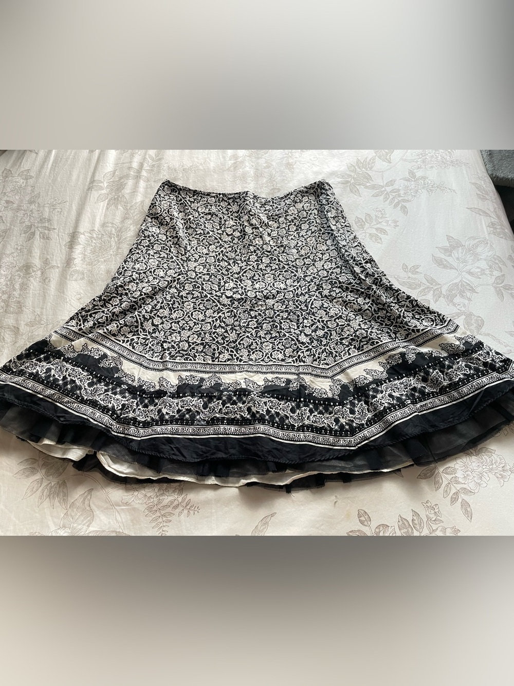 Y2K Black Floral Sequin Tulle Trim Midi Skirt 8 Dark Romantic Victorian Vamp‎